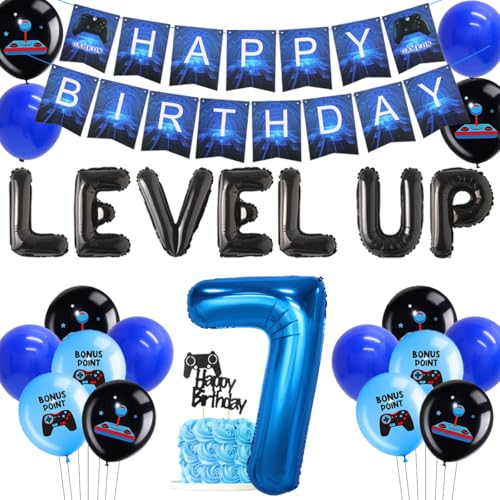 JOYMEMO Blaue Videospiel-Dekorationen zum 7. Geburtstag für Jungen, Level Up Partyzubehör mit Happy Birthday Banner, Nummer 7 Ballon, Kuchenaufsatz, Spielbonus-Punkt-Ballons für Partygeschenke von JOYMEMO