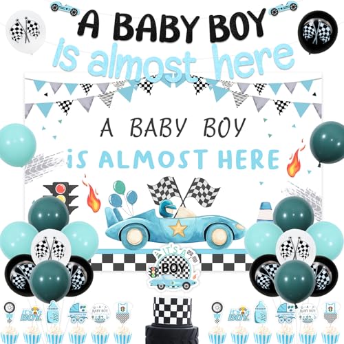 JOYMEMO Blaugrünes Rennauto Babyparty-Dekorationen – Ein Baby Boy is Almost Here Hintergrund, Banner, It's A Boy Cake Topper Cupcake Toppers, Vintage Blue Racing Car Schwangerschaftsfeier Neugeborene von JOYMEMO