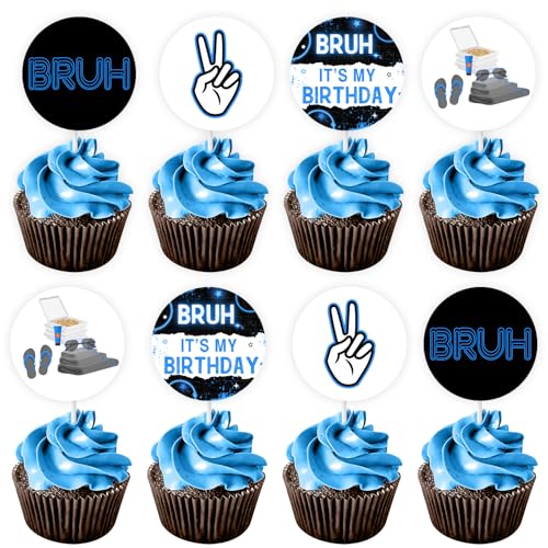 JOYMEMO Bruh It's My Birthday Cupcake Toppers Blau Schwarz – Doppelseitige Bruh Happy Birthday Kuchendekorationen, Happy Birthday Bro, Teen Boy Geburtstag Party Dekorationen von JOYMEMO