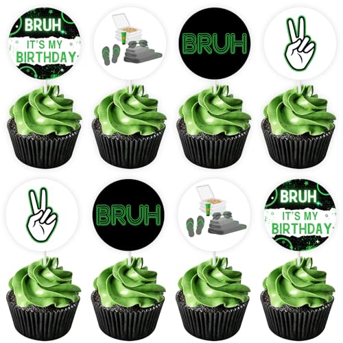 JOYMEMO Bruh It's My Birthday Cupcake Toppers Grün Schwarz – Doppelseitige Bruh Happy Birthday Kuchendekorationen, Happy Birthday Bro, Teen Boy Geburtstag Party Dekorationen von JOYMEMO