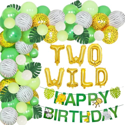 Dschungel Geburtstags Dekorations Junge, Safari Tiere Luftballons Garland Arch Kit, TWO WILD & Happy Birthday Banner für Kinder 2. Geburtstagsfeier Zubehör von JOYMEMO