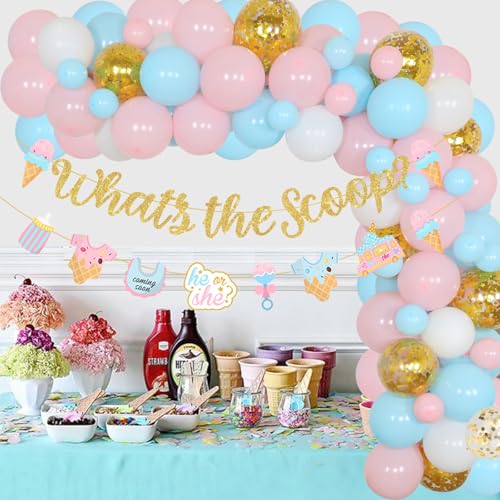 JOYMEMO Eiscreme Gender Reveal Party Dekorationen Pastell, Geschlecht Enthüllung Ballon Girlande Rosa Blau Gold Glitzer What's The Scoop Banner, Eiscreme Girlande für Eis Thema Party Supplies von JOYMEMO