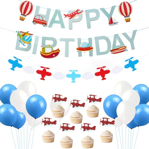 JOYMEMO Flugzeug Geburtstag Dekorationen Vintage Flugzeug Cloud Folienballons Geburtstag Banner Cake Topper für Flugzeug Party Supplies von JOYMEMO