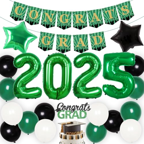 JOYMEMO Grün Schwarz Graduation Party Dekorationen 2025 - Congrats Grad Banner Cake Topper, Nummer 2025 Folienballon, Grün Schwarz Weiß Luftballons für Schulgrad Neujahr Urlaub Feier von JOYMEMO