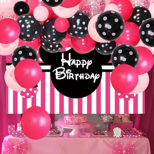 JOYMEMO Cartoon-Maus Motto Geburtstag Party Supplies, Rose Rot Rosa Schwarz Ballon Girlande Kit mit Cartoon-Maus Hintergrund für Mädchen 1. 2. 6 Monate Geburtstag Party Dekorationen von JOYMEMO