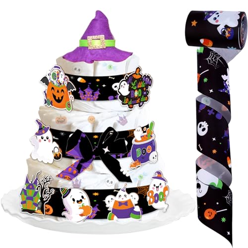 JOYMEMO Orange Grün Lila Halloween Baby Dusche Windel Kuchen Dekorationen für Frauen Junge Mädchen, Halloween Geist gemusterten Bänder 5 Yard, ein wenig Boo ist fast fällig Karten Halloween Geschlecht von JOYMEMO