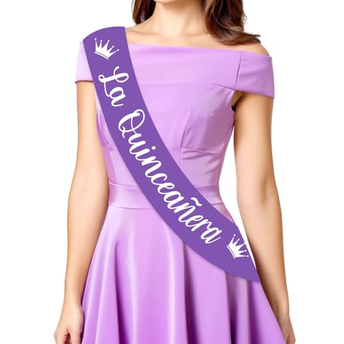 JOYMEMO Quinceanera Schärpe zum 15. Geburtstag für süßes Mädchen – Lila La Quinceañera Schärpe Blumenkrone Prinzessin Dekorationen, Mis Quitte 15. Partyzubehör von JOYMEMO