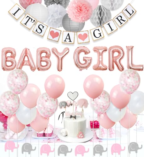 JOYMEMO Rosa Weiß Grau Elefant Babyparty Dekorationen für Mädchen - It's A Girl Banner, Baby Girl Ballon, Elefant Girlande, Konfetti Luftballons, Elefant Cake Topper für Baby Shower Supplies von JOYMEMO