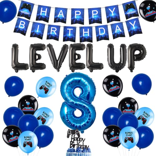 JOYMEMO Videospiel 8. Geburtstag Dekorationen für Jungen Spiel auf Geburtstag Party Supplies Blau Gaming Happy Birthday Banner Cake Topper Level Up Folienballon für Videospiel Thema Party Dekorationen von JOYMEMO