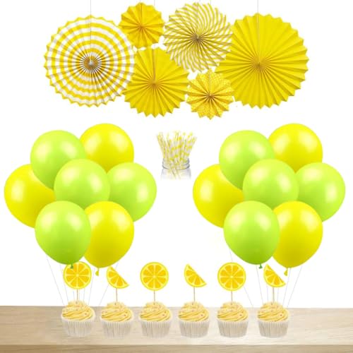 JOYMEMO Zitrone Partydekorationen Limonade Luftballons Papierstrohe Cake Topper hängen Papier Fans für Sommer Geburtstag Party Baby Shower von JOYMEMO