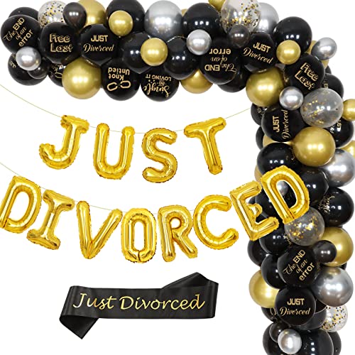 Just Divorced Party Dekorationen für Damen Herren Schwarz und Gold Ballon Girlande und Bogen Kit mit Just Divorced Schärpe und Folienbanner für Freedom Party Supplies von JOYMEMO