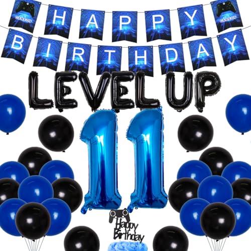 JOYMEMO Videospiel 11. Geburtstag Dekorationen für Jungen - Level Party Supplies Alles Gute zum Geburtstag Gaming Banner Kuchen Topper Game Controller Ballons für Videospiel-Themenparty von JOYMEMO