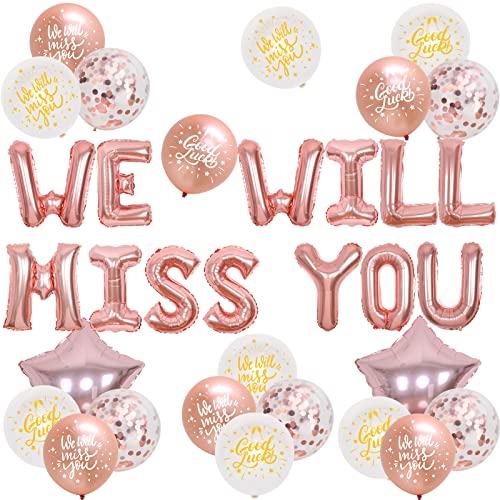 JOYMEMO We Will Miss You Dekorationen Rose Gold Wir werden dich vermissen Banner Stern Folienballon Glücksballons für den Ruhestand Weggehen Büroarbeit Abschied nehmen Abschlussfeier Zubehör von JOYMEMO