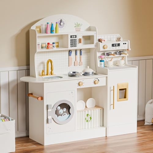 JOYMOR Kinderspielküchen-Sets mit Kaffeemaschine und viel Spielküchenzubehör, Holzküchen-Set, Geschenk, ideal für kreatives Rollenspiel für Kleinkinder, Mädchen und Jungen (cremefarben und goldfarben) von JOYMOR