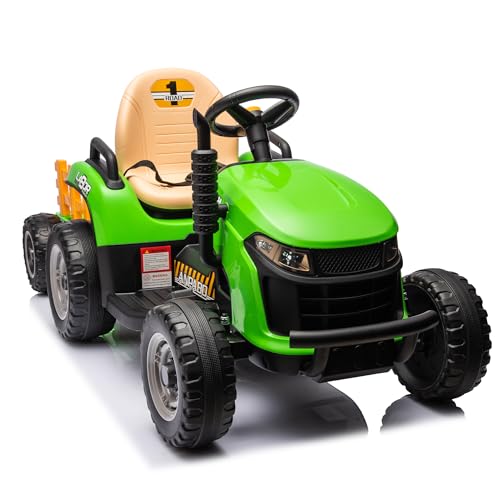 12V Elektrischer Traktor mit Anhänger, Kinder Aufsitztraktor mit Fernbedienung, Kinder Elektroauto mit MP3 Funktion, Kinderfahrzeug mit Scheinwerfer, 3-6KM/H, für 3-6 Jahre Kinder, Grün von JOYRACER