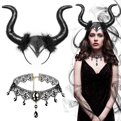 JOYUE 2 Stücke Königin Hörner Teufel Kopfschmuck & Gothic Halskette Spitze Halloween Böse Haarreif Schwarz Kopfschmuck Horn Maleficent Kostüm Damen für Karneval Maskerade Halloween Cosplay Party von JOYUE