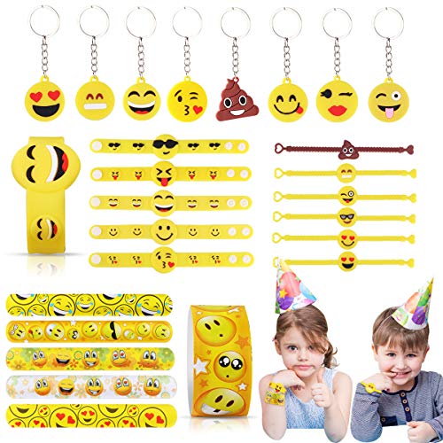 JOYUE 28 Stück Emoji Mitgebsel Set, Emoji Schlüsselanhänger Emoji Armbänder Emoji Slap Bands für Kinder Party Mitgebsel Kindergeburtstag von JOYUE