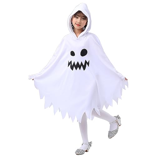 JOYUE Halloween Geister Weiß Umhang Geisterkostüm Kinder, Gespenster Umhang Geist Kinder, Halloween Ghost Cape mit Lustige Handtasche Teufelsgabel und Gläser für Karneval Cosplay Party (10-12 Jahre) von JOYUE