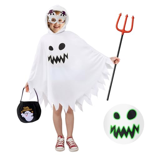 JOYUE Halloween Geister Weiß Umhang Geisterkostüm Kinder, Gespenster Umhang Geist Kinder, Halloween Ghost Cape mit Lustige Handtasche Teufelsgabel und Gläser für Karneval Cosplay Party (3-4 Jahre) von JOYUE