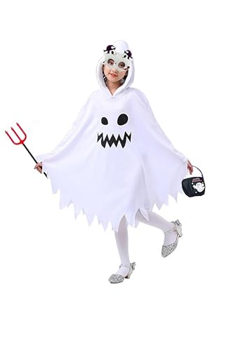 JOYUE Halloween Geister Weiß Umhang Geisterkostüm Kinder, Gespenster Umhang Geist Kinder, Halloween Ghost Cape mit Lustige Handtasche Teufelsgabel und Gläser für Karneval Cosplay Party (4-6 Jahre) von JOYUE