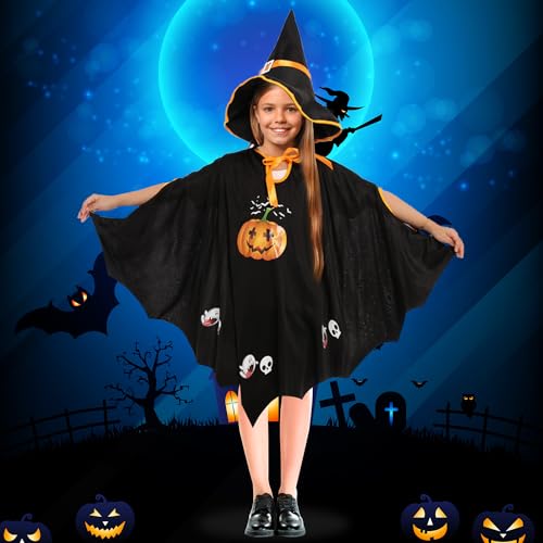 JOYUE Halloween Kostüm Kinder Kürbis Fledermaus Cape Schwarz, Fledermaus Umhang Kostüm Kinder, Hexenkostüm Kürbis mit Hut für Halloween Cosplay Party Fasching Themenparty, Geeignet für Höhe 90-150cm von JOYUE