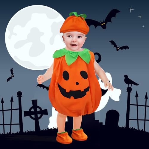 JOYUE Halloween Kostüm Kürbis Kinder, Kürbis Cosplay Kostüm mit Hut und Socke, Kürbiskostüm Pumpkin Kostüm Kinder für Junge Mädchen Fasching Party Geschenk, Geeignet für 2-6 Jahre (90) von JOYUE