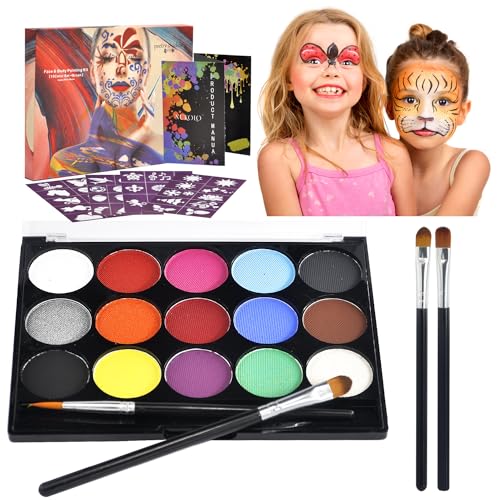 JOYUE Kinderschminke Set Halloween Face Bodypainting Farben, Gesichtsfarbe 15 Farben Faschingsschminke mit 4 Berufs Pinsel 40 Tattoo Vorlagen, Körperfarbe Kinder für Karneval Make-up Themenparty von JOYUE