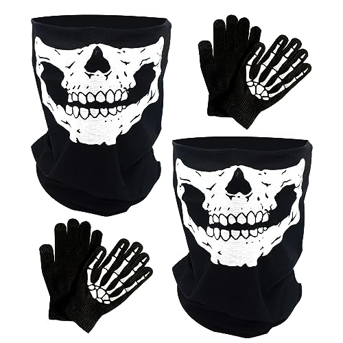 JOYUE Skelett Maske Skeleton Gloves, 2 Stück Totenkopf Maske + 2 Paar Leuchtende Skelett Handschuhe, Schädel Motorrad Skelett Halbe Gesichtsmaske, Face Mask Black Skull for Halloween Kostüm Party von JOYUE