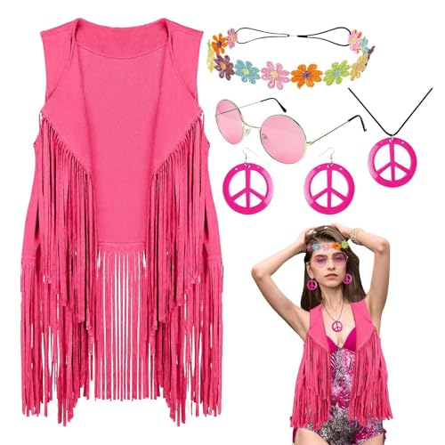 Damen Kostüm Zubehör Set Hippie Kostüm Set für Frauen Halloween Karneval - 5 Stück Damen Kostüme Hippie Zubehör Disco Kleider Details mit Fransen für Halloween Com von JPSDOWS