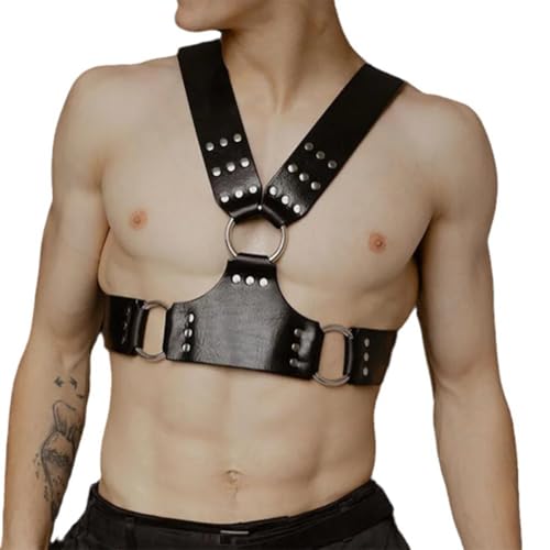 JPXJGT Men's Leather Body Chest Half Harness Adjustable Gay Cosplay Club Wear Costume(Size:Einheitsgröße,Color:Schwarz) von JPXJGT