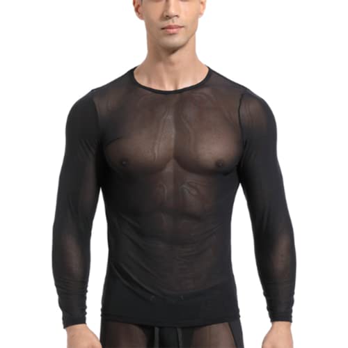 JPXJGT Men's Long Sleeve Mesh Fishnet See Through Fitted Muscle Top Undershirt Clubwear (Size:L,Color:Schwarz) von JPXJGT