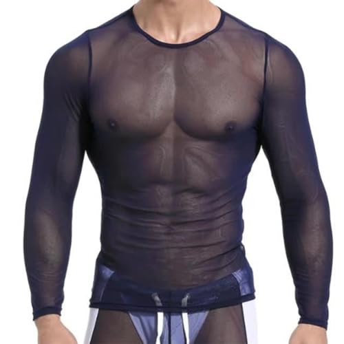 JPXJGT Men's Long Sleeve Mesh Fishnet See Through Fitted Muscle Top Undershirt Clubwear (Size:M,Color:Dunkelblau) von JPXJGT