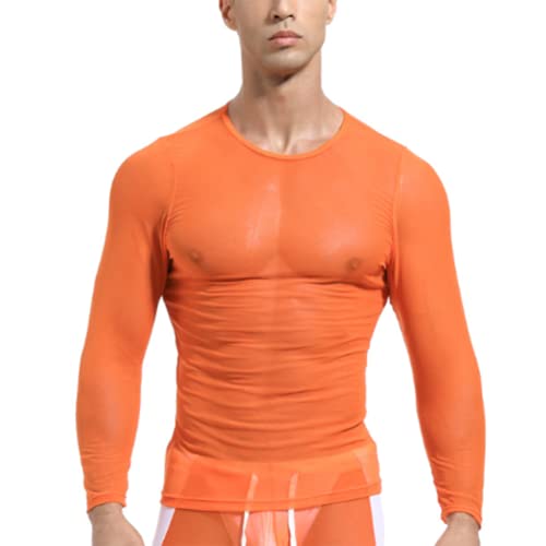 JPXJGT Men's Long Sleeve Mesh Fishnet See Through Fitted Muscle Top Undershirt Clubwear (Size:XL,Color:orange) von JPXJGT