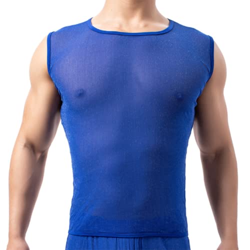 JPXJGT Men's See-Through Sheer Mesh Fishnet Sleeveless Muscle Top (Size:L,Color:Blau) von JPXJGT