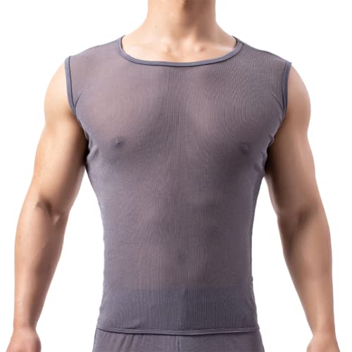 JPXJGT Men's See-Through Sheer Mesh Fishnet Sleeveless Muscle Top (Size:L,Color:Grau) von JPXJGT