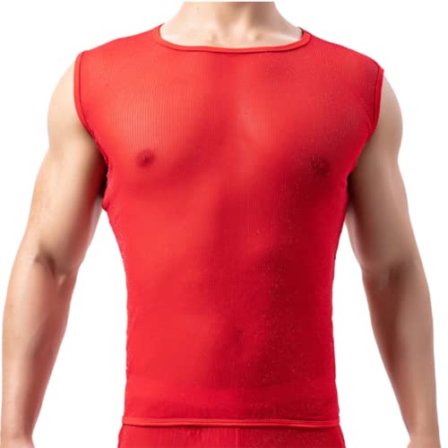 JPXJGT Men's See-Through Sheer Mesh Fishnet Sleeveless Muscle Top (Size:L,Color:Rot) von JPXJGT