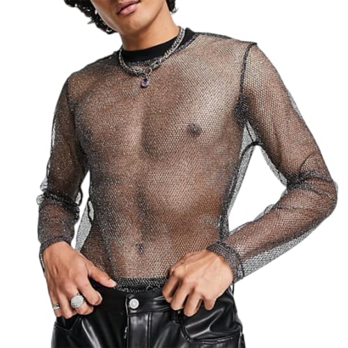 Men Mesh Fishnet Long Sleeve Transparent T-Shirt See Through Tank Top Vest Clubwear (Size:4XL,Color:Schwarz) von JPXJGT