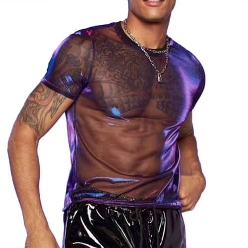 Men's Mesh Shirts Muscle Transparent Disco Party Costume Street Style(Size:M,Color:Schwarz) von JPXJGT