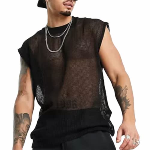 Men's Transparent Sleeveless Fishnet Tank Top Mesh Sheer Undershirt Semi See Thru (Size:L,Color:Schwarz) von JPXJGT