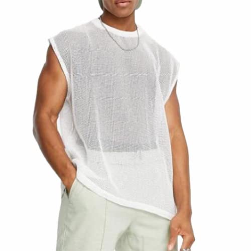 Men's Transparent Sleeveless Fishnet Tank Top Mesh Sheer Undershirt Semi See Thru (Size:S,Color:Weiß) von JPXJGT