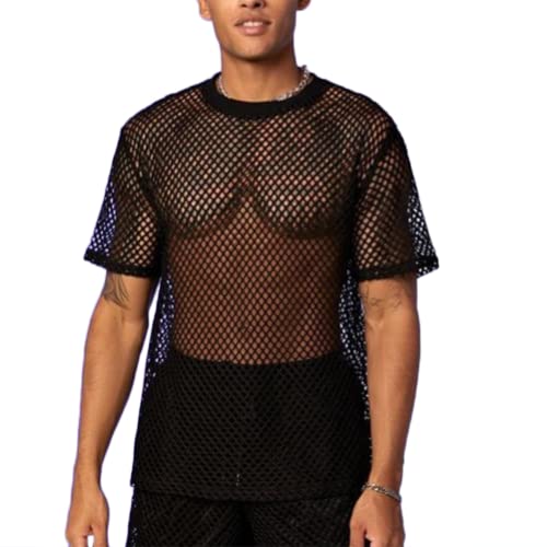 Men's Transparent T-Shirt Mesh Fishnet Undershirt Hollow Out Tank Top (Size:3XL,Color:Schwarz) von JPXJGT