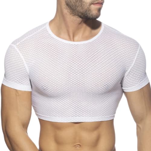 Mens See Through Sheer Mesh Fishnet T Shirt Muscle Tops Training Shirts Clubwear(Size:XXL,Color:Weiß) von JPXJGT