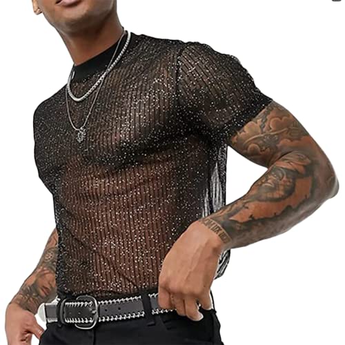 Mens See Through Tank Top Shirt Fitted Muscle Sheer Undershirt Workout Hollow Clubwear(Size:3XL,Color:Schwarz) von JPXJGT