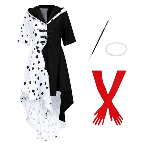 JQMAO Halloween Kostüm Damen für Cruella Devil : Faschingskostüme Weißes Kleid - Karneval Fancy Dress (L) von JQMAO