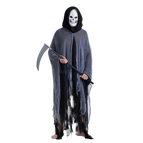 JQMAO Halloween Kostüm Herren Sensenmann: Grim Reaper Kostüme für Erwachsene mit Sense Maske (Grau) von JQMAO