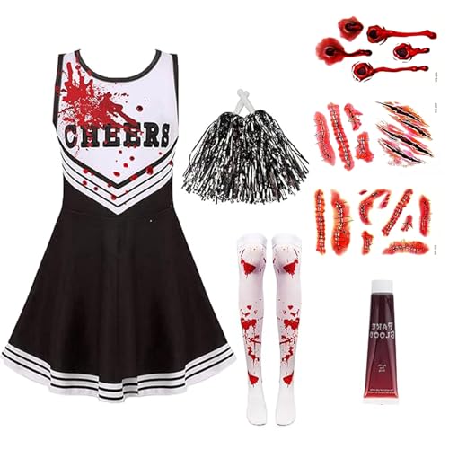 Halloween Kostüm, Halloween Deko, 8 Stücke Cheerleader Kostüm Kinder Mit Strümpfen Kunstblut, Halloween Gruseliger Cheerleader Kostüm für Jungen, Mädchen, Halloween Party Cosplay (130CM) von JRYBXS