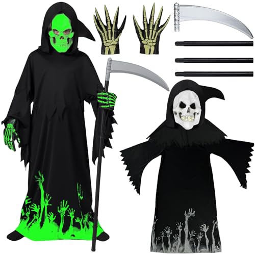 Halloween Kostüm Kinder, Sensenmann Halloween Kostüm Enthält 1 Kapuzenumhang und 1 Halloween Accessoires, Deluxe Glow in The Dark Phantom für Mädchen und Jungen Halloween Themenparty, Halloween Deko von JRYBXS