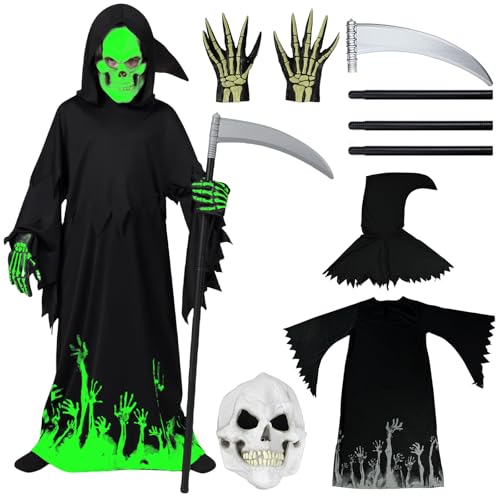 Halloween Kostüm Kinder, Sensenmann Halloween Kostüm Enthält 1 Kapuzenumhang und 1 Halloween Accessoires, Deluxe Glow in The Dark Phantom für Mädchen und Jungen Halloween Themenparty, Halloween Deko von JRYBXS