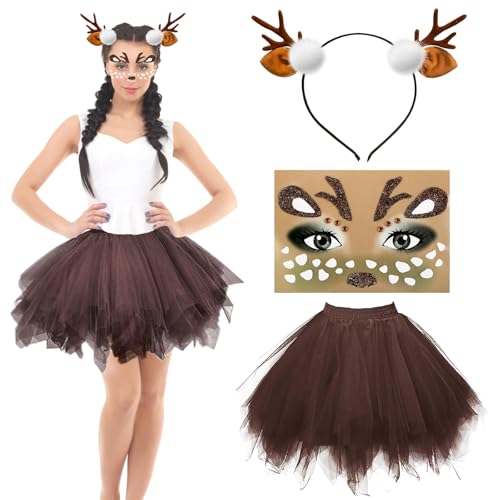 JRYBXS 3 teiliges Rentier Kostüm, Faschingskostüme Damen, Tüllrock Damen, Rentier Face Tattoo, Geweih Haarreif, Geeignet für Weihnachts Faschings Cosplay Mottoparty von JRYBXS