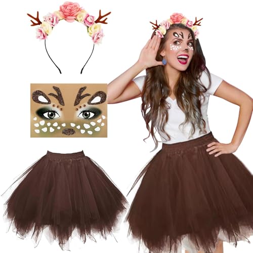 JRYBXS 3 teiliges Rentier Kostüm Damen, Faschingskostüme Damen, Tüllrock Damen, Rentier Face Tattoo, Kleines Blumen Geweih Haarreif, Geeignet für Weihnachts Faschings Cosplay Mottoparty von JRYBXS